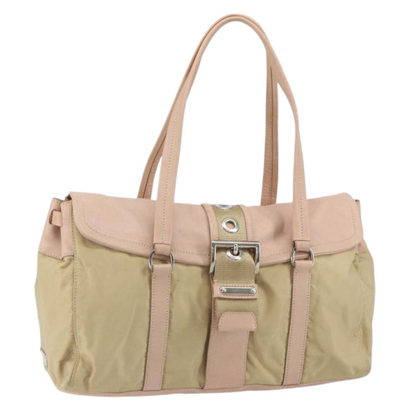 PRADA Tote Bag Nylon Leather Beige Silver Auth ep12684