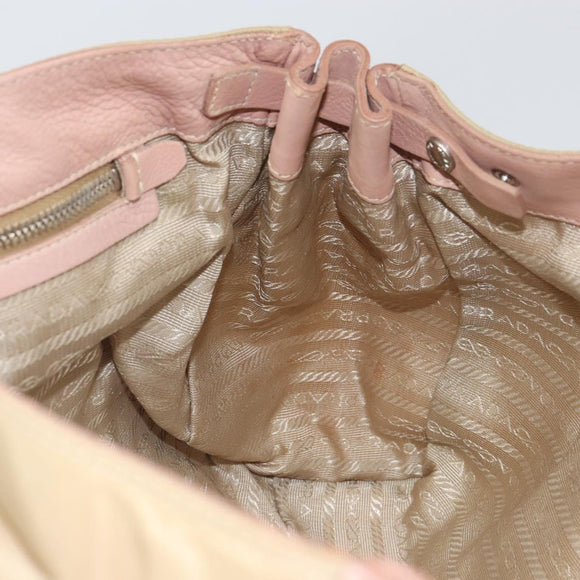PRADA Tote Bag Nylon Leather Beige Silver Auth ep12684
