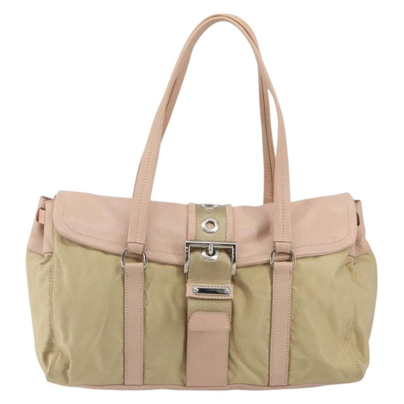 PRADA Tote Bag Nylon Leather Beige Silver Auth ep12684