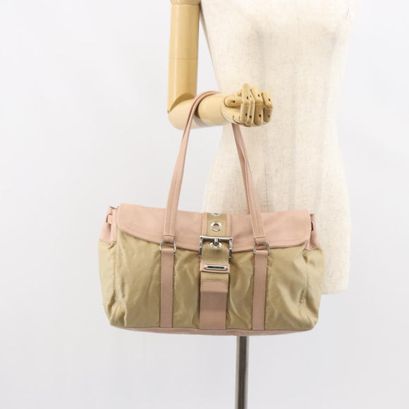 PRADA Tote Bag Nylon Leather Beige Silver Auth ep12684