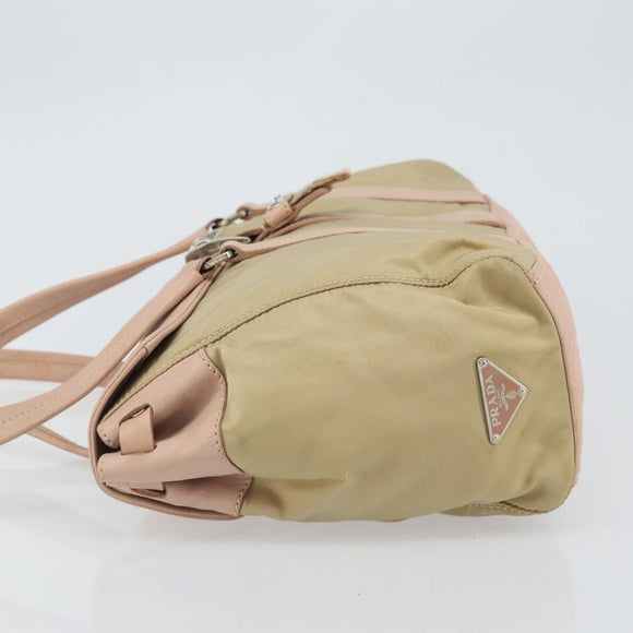 PRADA Tote Bag Nylon Leather Beige Silver Auth ep12684
