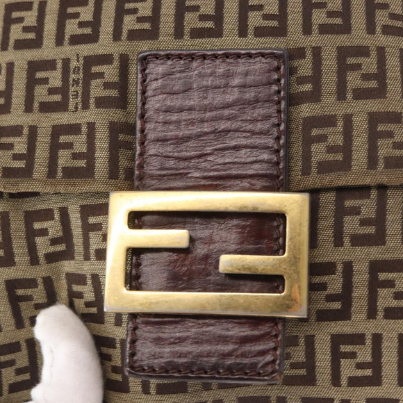 FENDI Zucchino Canvas Shoulder Bag Brown Gold Auth ep12713