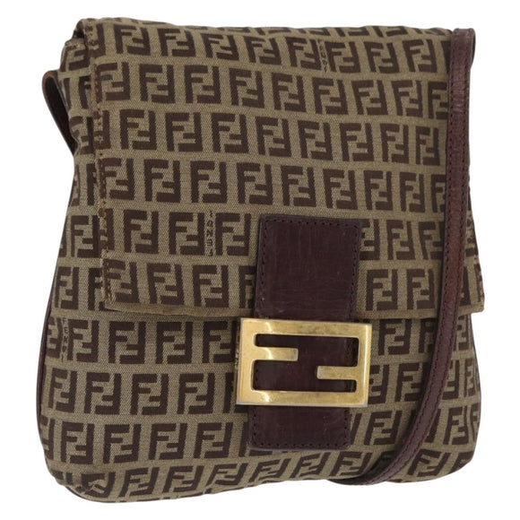 FENDI Zucchino Canvas Shoulder Bag Brown Gold Auth ep12713