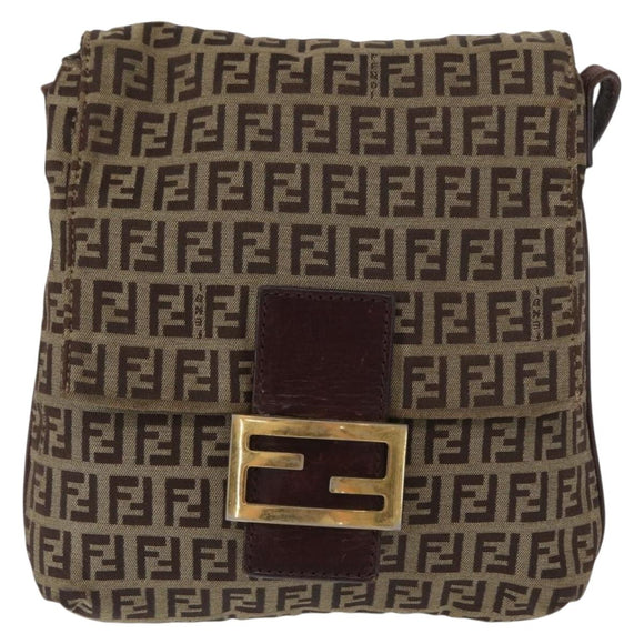 FENDI Zucchino Canvas Shoulder Bag Brown Gold Auth ep12713