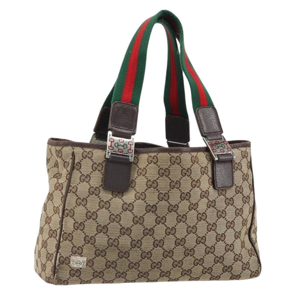 GUCCI GG Canvas Web Sherry Line Hand Bag Beige Silver 145810 Auth ep12728