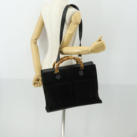 GUCCI Bamboo Hand Bag Suede 2way Black Gold 002 123 0322 Auth ep12772