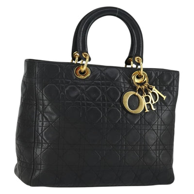 Christian Dior Lady Dior Canage Hand Bag Leather Black Gold Auth ep12935