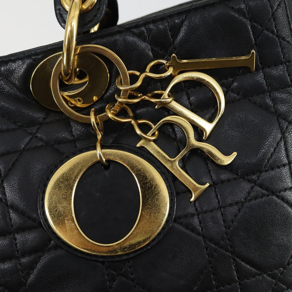 Christian Dior Lady Dior Canage Hand Bag Leather Black Gold Auth ep12935