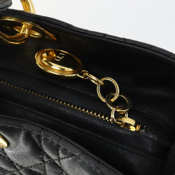 Christian Dior Lady Dior Canage Hand Bag Leather Black Gold Auth ep12935