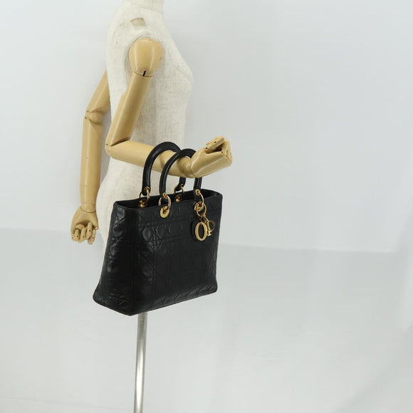 Christian Dior Lady Dior Canage Hand Bag Leather Black Gold Auth ep12935