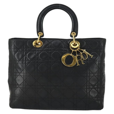 Christian Dior Lady Dior Canage Hand Bag Leather Black Gold Auth ep12935 - 0