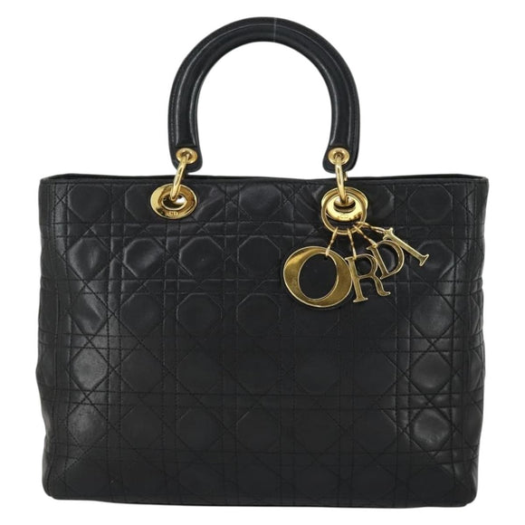 Christian Dior Lady Dior Canage Hand Bag Leather Black Gold Auth ep12935