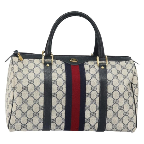GUCCI GG Supreme Sherry Line Boston Bag PVC Leather Navy Gold Auth ep12955
