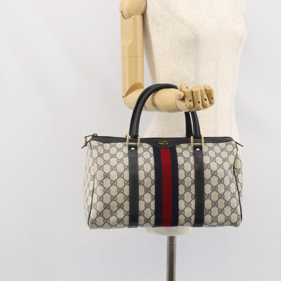 GUCCI GG Supreme Sherry Line Boston Bag PVC Leather Navy Gold Auth ep12955