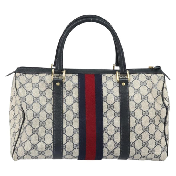 GUCCI GG Supreme Sherry Line Boston Bag PVC Leather Navy Gold Auth ep12955