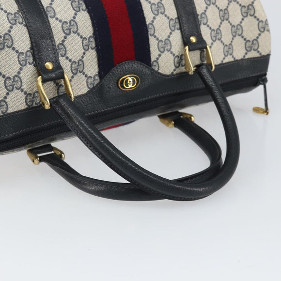 GUCCI GG Supreme Sherry Line Boston Bag PVC Leather Navy Gold Auth ep12955