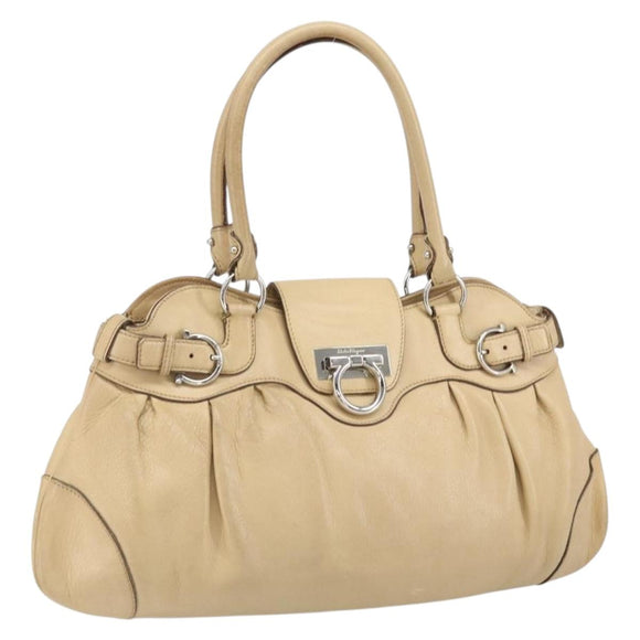 Salvatore Ferragamo Gancini Hand Bag Leather Beige Silver Auth ep12988