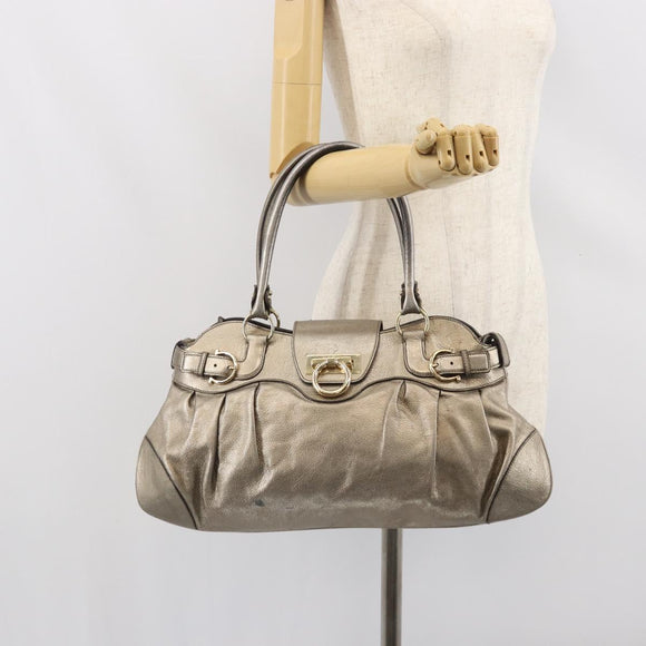 Salvatore Ferragamo Gancini Hand Bag Leather Gold Auth ep12989
