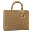 Christian Dior Lady Dior Hand Bag Nylon Beige Gold Auth ep13008-1