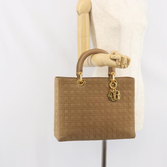 Christian Dior Lady Dior Hand Bag Nylon Beige Gold Auth ep13008