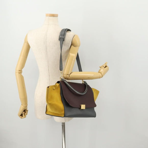 CELINE Trapeze Handtasche Wildleder 2-Wege Grau Gold Auth ep13043