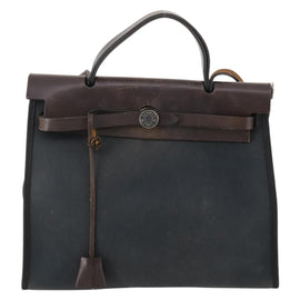 HERMES Herbag Zip PM Hand Bag Canvas Leather 2way Black Silver Auth ep13064 - 0