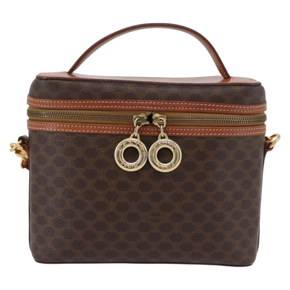 CELINE Macadam Canvas Circle Vanity Bag PVC Leather 2way Brown Gold Auth ep13087