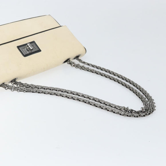 CHANEL 2.55 Chain Shoulder Bag Leather White Silver CC Auth ep13093