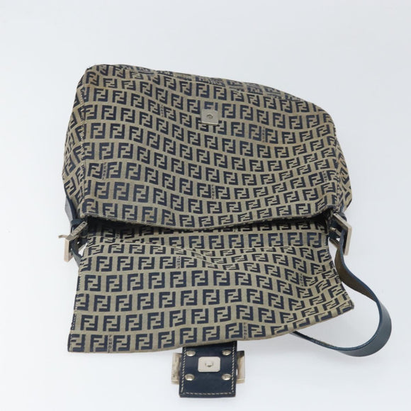 FENDI Zucchino Canvas Mamma Baguette Shoulder Bag Navy Silver Auth ep13096