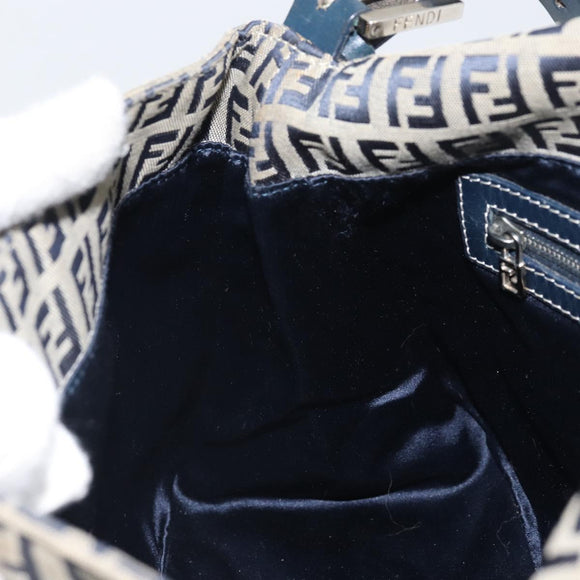 FENDI Zucchino Canvas Mamma Baguette Shoulder Bag Navy Silver Auth ep13096