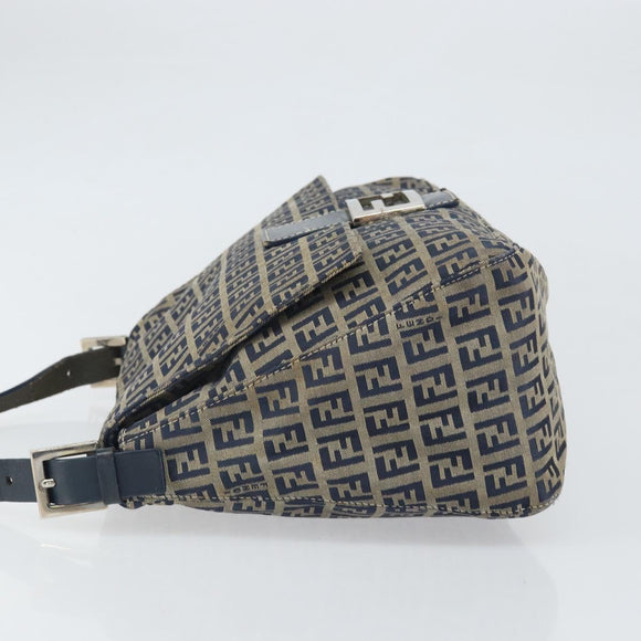 FENDI Zucchino Canvas Mamma Baguette Shoulder Bag Navy Silver Auth ep13096
