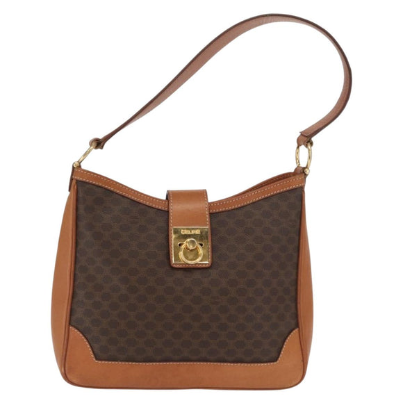 CELINE Macadam Canvas Shoulder Bag PVC Leather Brown Gold Auth ep13120