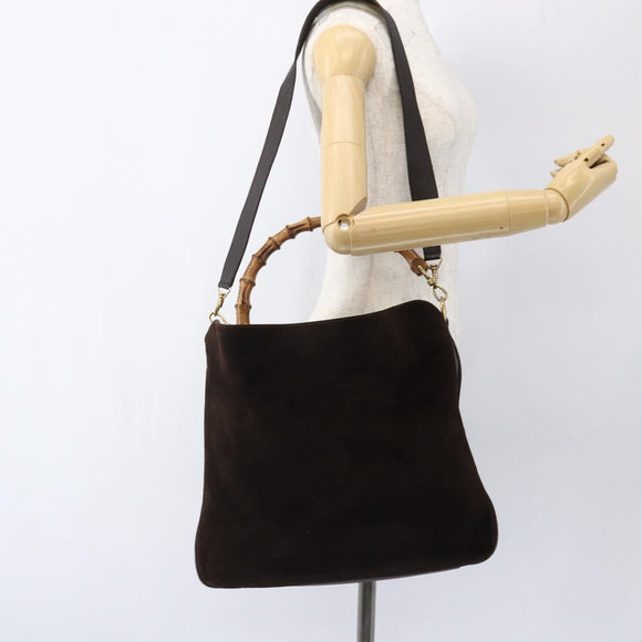 GUCCI Bamboo Hand Bag Suede 2way Brown Gold 001 1705 1577 Auth ep13141