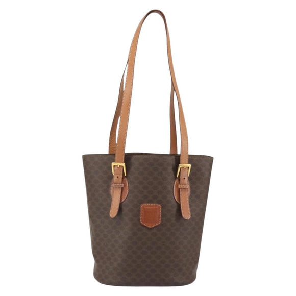 CELINE Macadam Canvas Tote Bag PVC Leather Brown Gold Auth ep13195