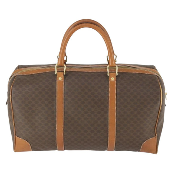 CELINE Macadam Canvas Boston Bag PVC Leather Brown Gold Auth ep13212