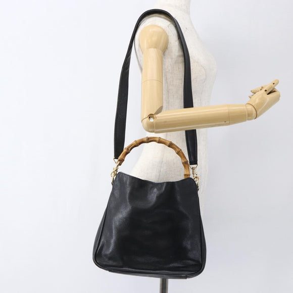 GUCCI Bamboo Hand Bag Leather 2way Black Gold 001 2123 1638 Auth ep13245