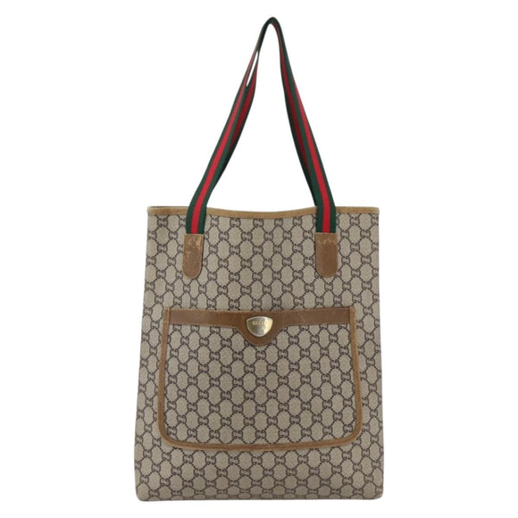 GUCCI GG Plus Supreme Web Sherry Line Tote Bag PVC Beige Gold Auth ep13260