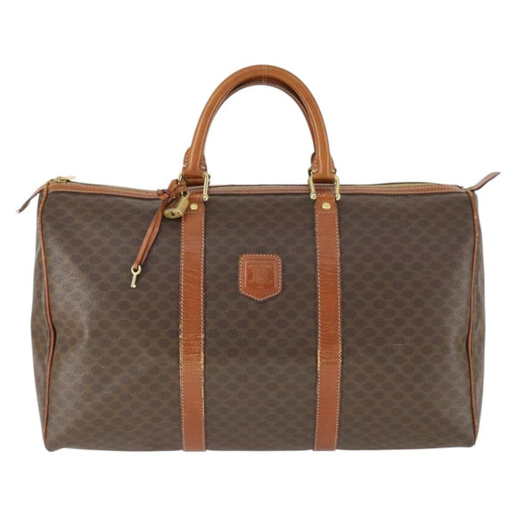 CELINE Macadam Canvas Boston Bag PVC Leather Brown Gold Auth ep13278