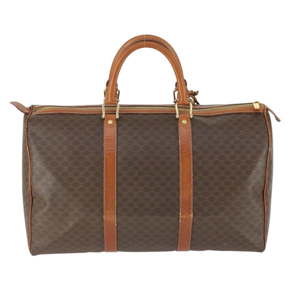 CELINE Macadam Canvas Boston Bag PVC Leather Brown Gold Auth ep13278