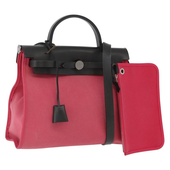 HERMES Herbag Zip Hand Bag Canvas Pink Silver Auth ep13396