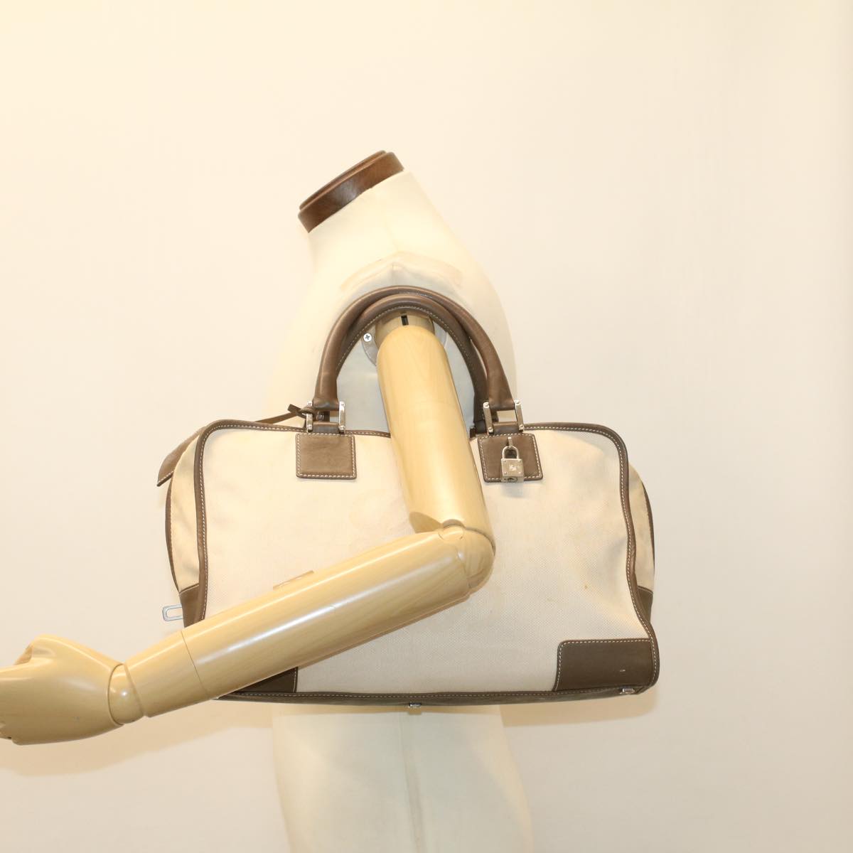 LOEWE Boston Bag Canvas Leather White Auth ep1340