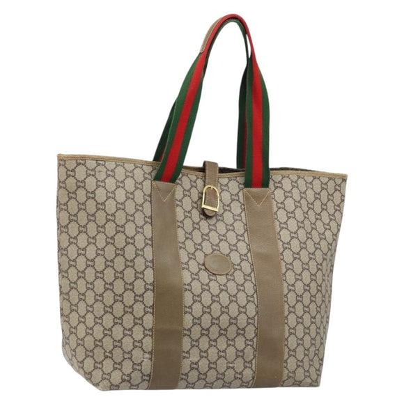 GUCCI GG Plus Supreme Web Sherry Line Tote Bag PVC Beige Gold Auth ep13405
