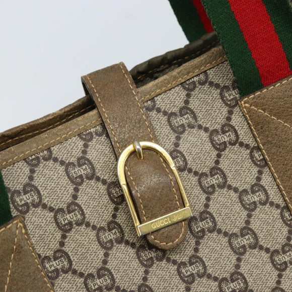 GUCCI GG Plus Supreme Web Sherry Line Tote Bag PVC Beige Gold Auth ep13405