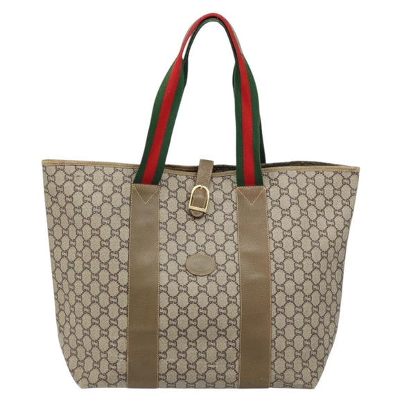 GUCCI GG Plus Supreme Web Sherry Line Tote Bag PVC Beige Gold Auth ep13405