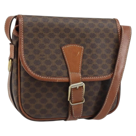 CELINE Macadam Canvas Shoulder Bag PVC Leather Brown Gold Auth ep13426