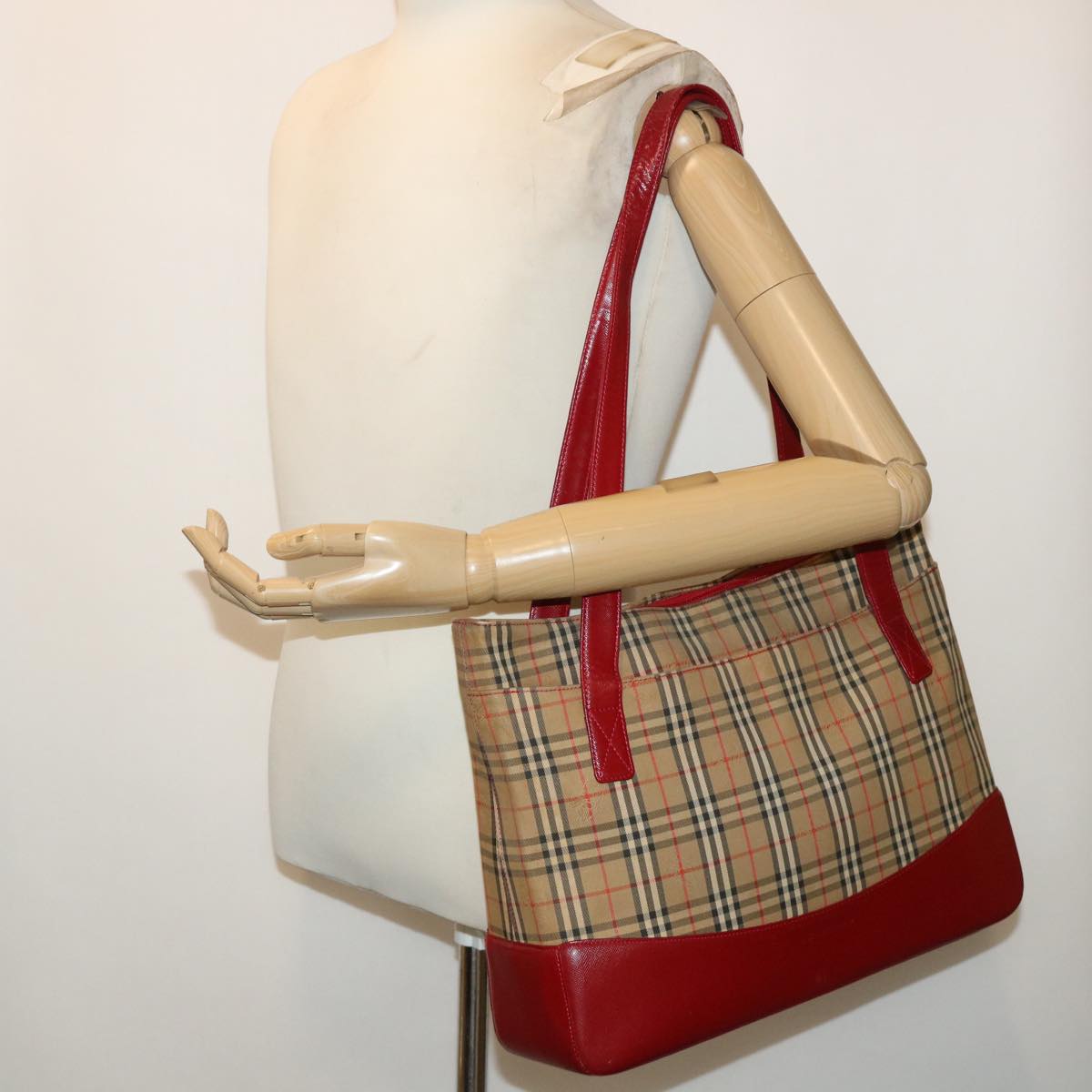 BURBERRY Nova Check Shoulder Bag Canvas Leather Red Beige black Auth ep1346