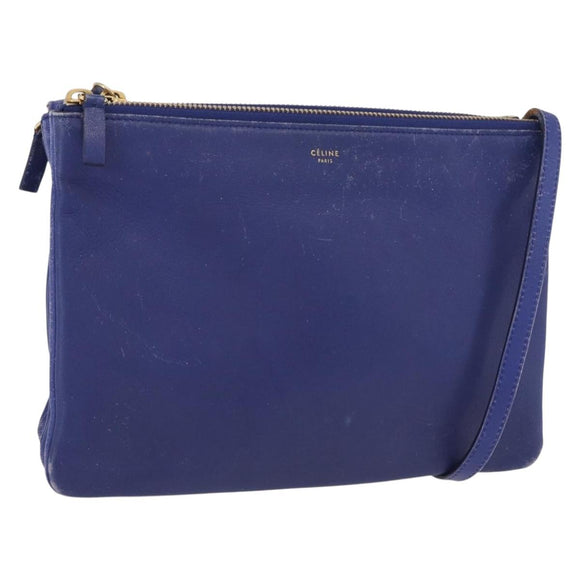 CELINE Trio Shoulder Bag Leather Blue Gold Auth ep13474