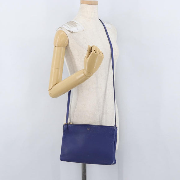CELINE Trio Shoulder Bag Leather Blue Gold Auth ep13474