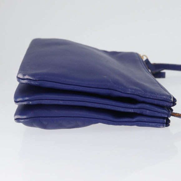 CELINE Trio Shoulder Bag Leather Blue Gold Auth ep13474