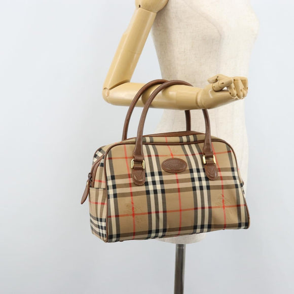BURBERRY Nova Check Boston Bag Canvas Leather Beige Gold Auth ep13490